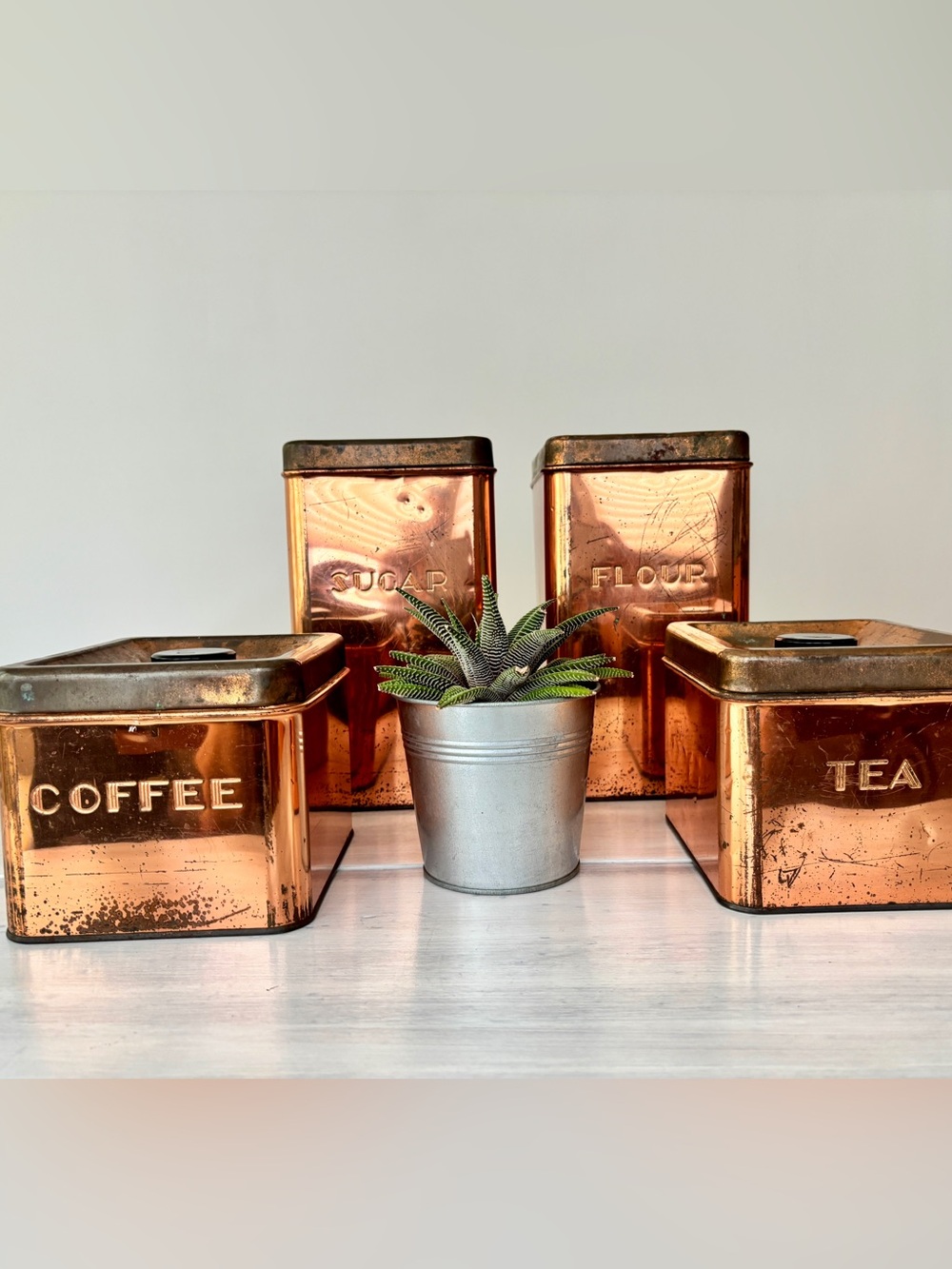 Vintage Copper Canister Set of Four (Coffee • Tea • Sugar • Flour)